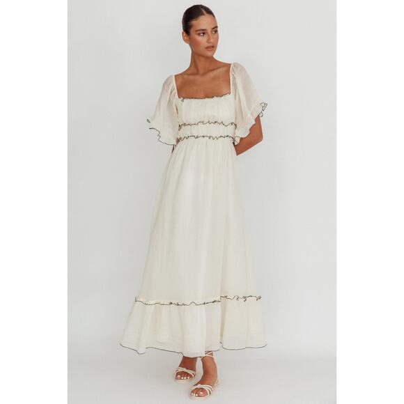 INDIKAH Cream Kathlene Flutter Sleeves Maxi Prairie Boho Dress $110 PLUS XXL NWT - Picture 12 of 16